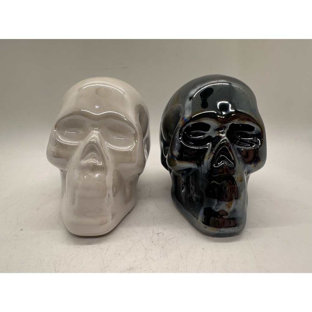 Greenbrier Ceramic Skull Figurines Iridescent Black White Halloween Decor Set 2
